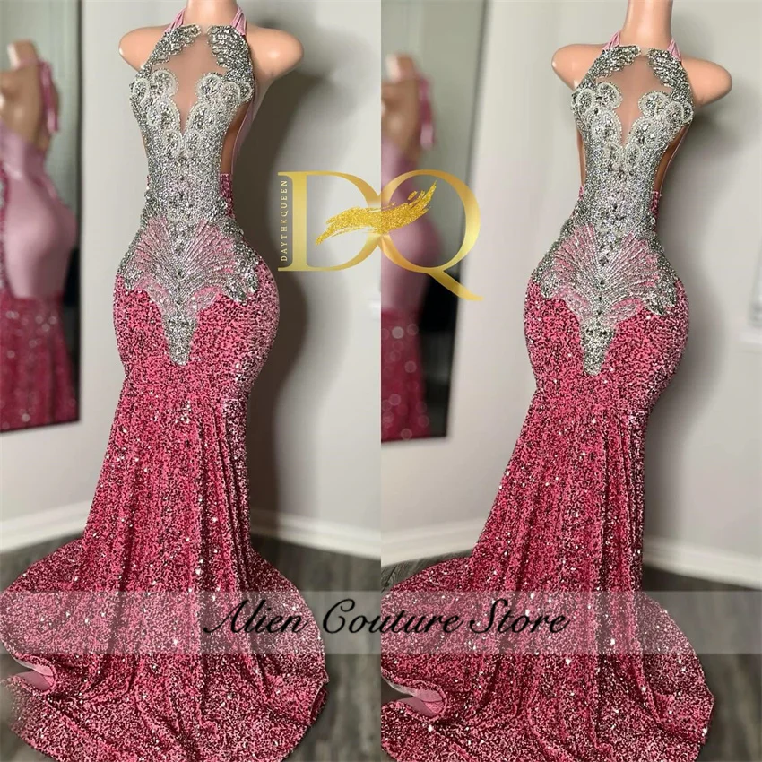 Exquisite Pink Sequins Prom Dresses Crystals Diamonds Birthday Party Gowns Wedding Reception Birthday Gown