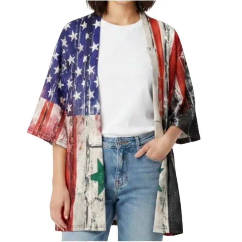 

Men's American Flag Print Kimono Shirt Loose 3/4 Sleeve Open Front Cardigan Casual Beach Cover Up for Independence Day Party Coa