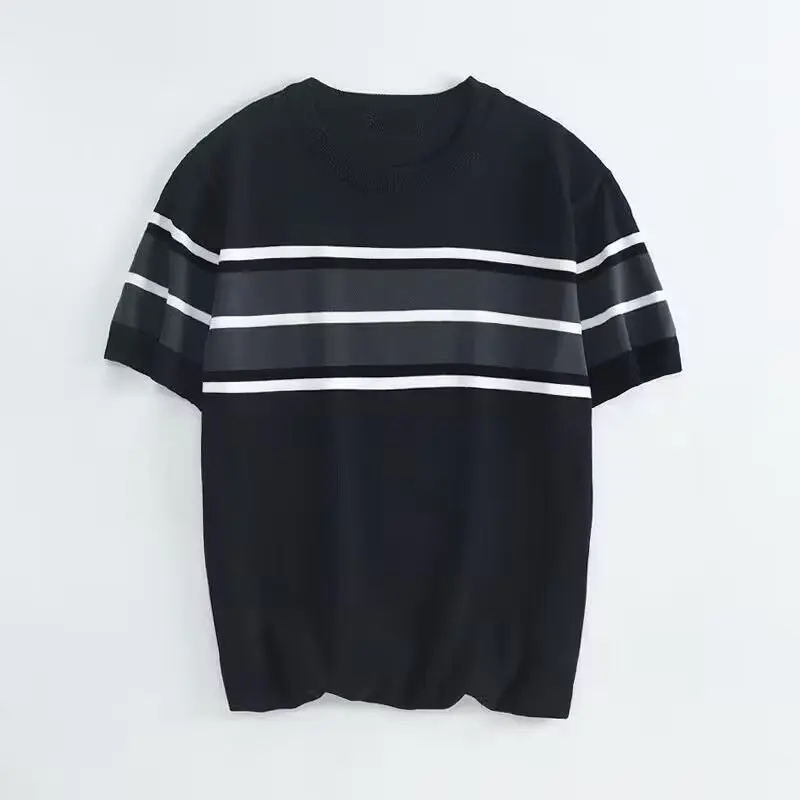 

Summer New Men'S Mature Style British Pullover Striped Top Light Casual Fashion Short Sleeve Youth Knitted-Shirt