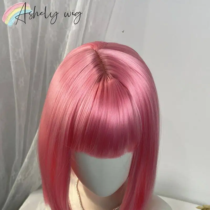 Pink Wig with Bangs 12inch Short Bob Wig Cute Straight Wigs High Temperature Fibers Shining Lolita Synthetic Wigs for Cosplay