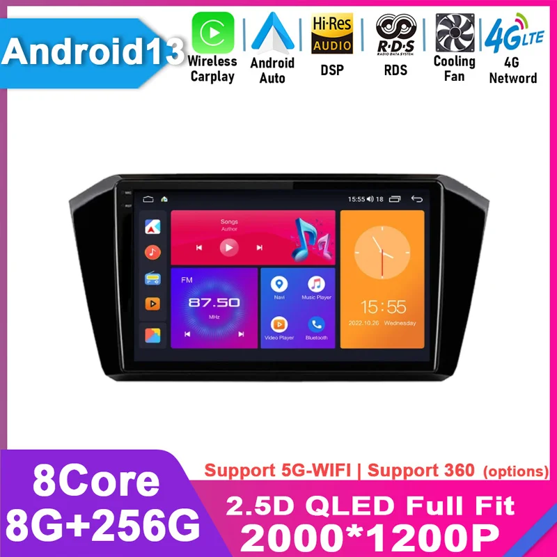 

For VW Passat b8 2015 - 2020 Android 13 Car Radio Multimedia Player Autoradio GPS Navigation Wireless Carplay QLED 4G