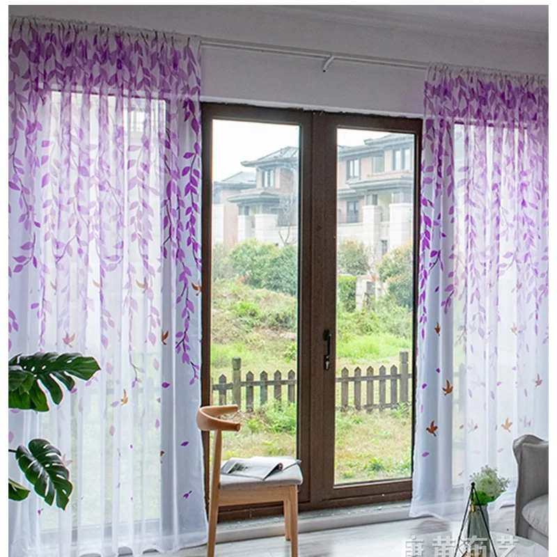 Printed Willow Leaf Printed Tulle Window Screens Sheer Voile Door Curtains Drape Panel Scarf Assorted European Style Curtains