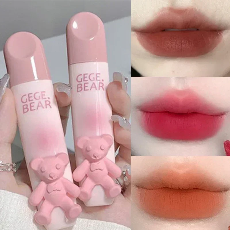 Schattige Beer Lipgloss Waterdichte Langdurige Niet-Vervagende Matte Lipglazuur Bevochtigende Niet-Markerende Roodbruine Fluwelen Vloeibare Lippenstiften