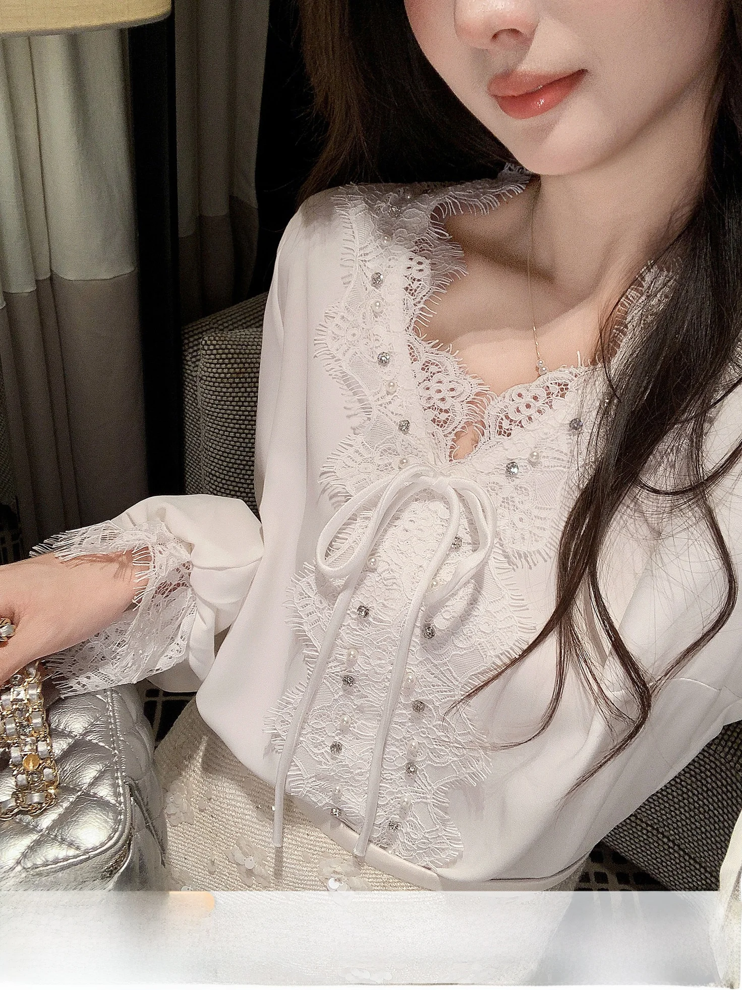 

Белая кружевная блузка с завязками, женская, новая модная модель 2025 года, шифоновая, во французском стиле, приталенная, с длинным рукавом, для повседневной носки, для девушек