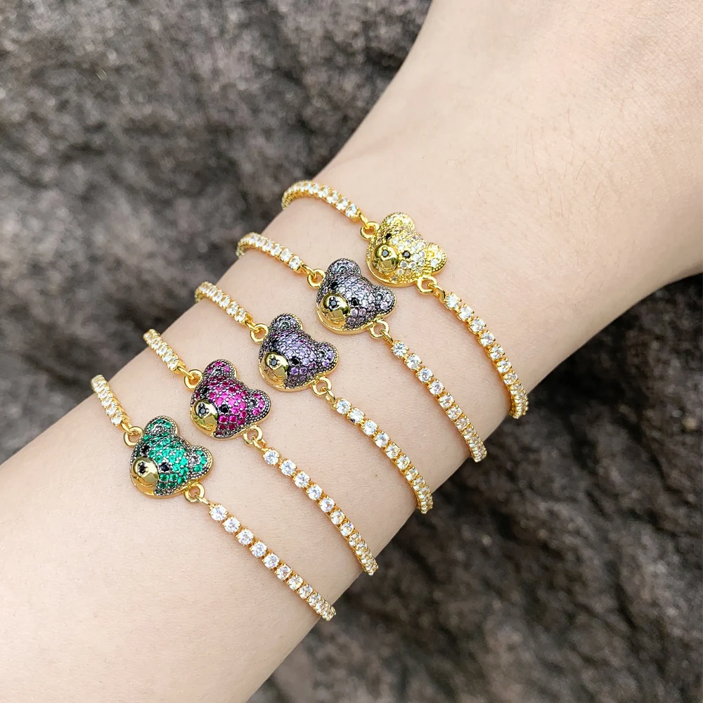 

FLOLA Green Crystal Bear Head Bracelets for Women Copper Gold Plated Tennis Bracelets Adjustable CZ Jewelry Gifts brte06