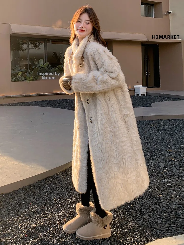 Luksusowe, długie damskie płaszcze ze sztucznego futra, nowość na zimę 2024, zapinane na guziki, skórzane i futrzane, imitacja skóry licowej, koreański styl.