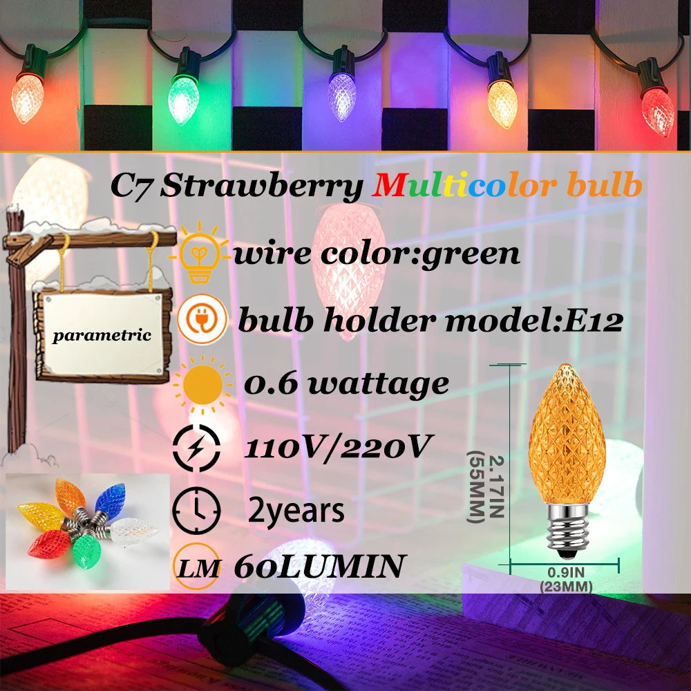 Imagem -02 - Festoon c7 Strawberry Multicolor String Light Luz Led Impermeável Garland de Rua Decoração do Jardim ao ar Livre 110v 220v 06 w