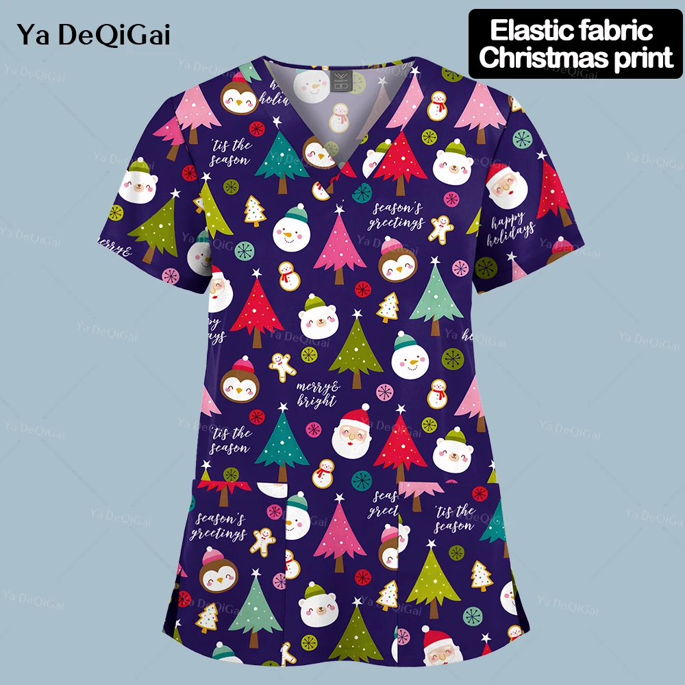 Christmas Print Scrub Top Women Men Dentist Working Uniforms Nurse Scrub T-shirt Uniformes Medicos Mujer Tooth Hospital Workwear