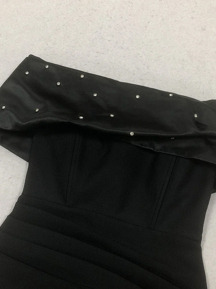 Sexy une épaule perlée plis robe de pansement femmes noir sans bretelles plissé perle longue robes moulantes robes de soirée