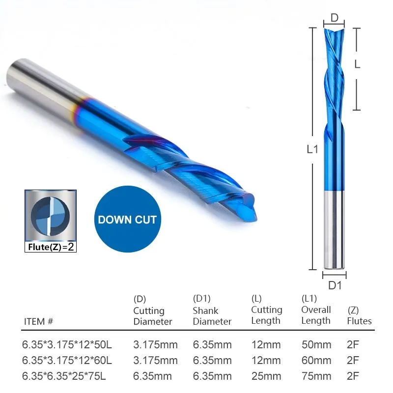 End Mill 2 Flute Down Cut Sprial Milling Cutter 1/4 Shank Carbide CNC Router Bits Milling Tools