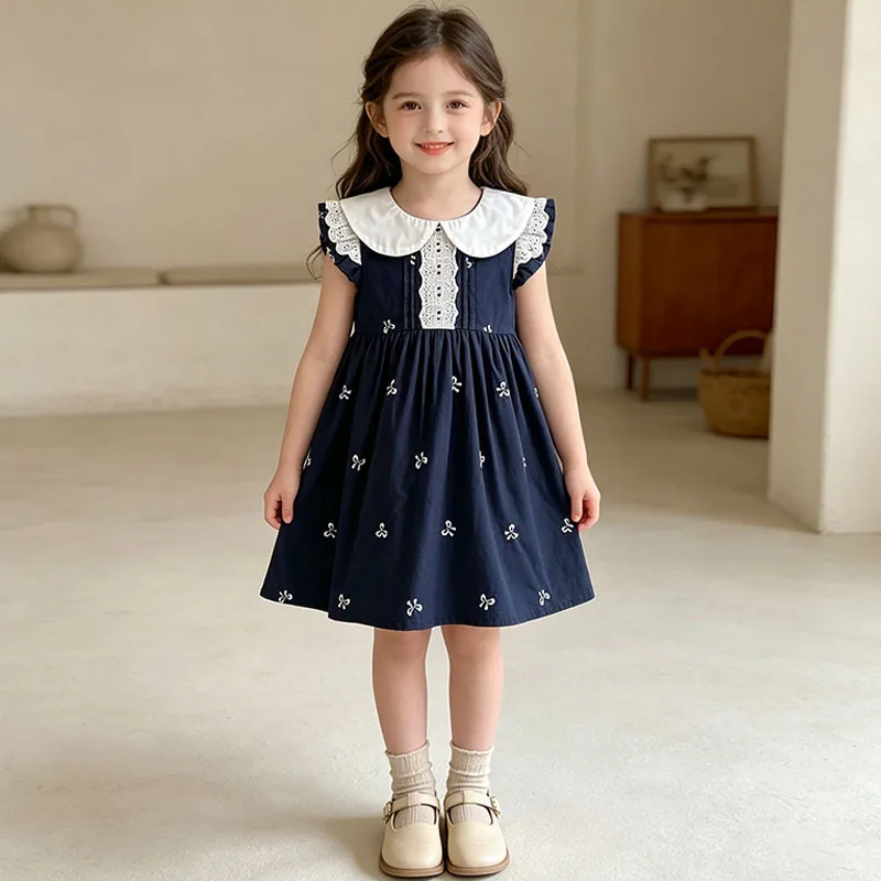 Summer girls' dress, baby girls' flying sleeves, bow embroidered girls' dress, Korean version princess dress