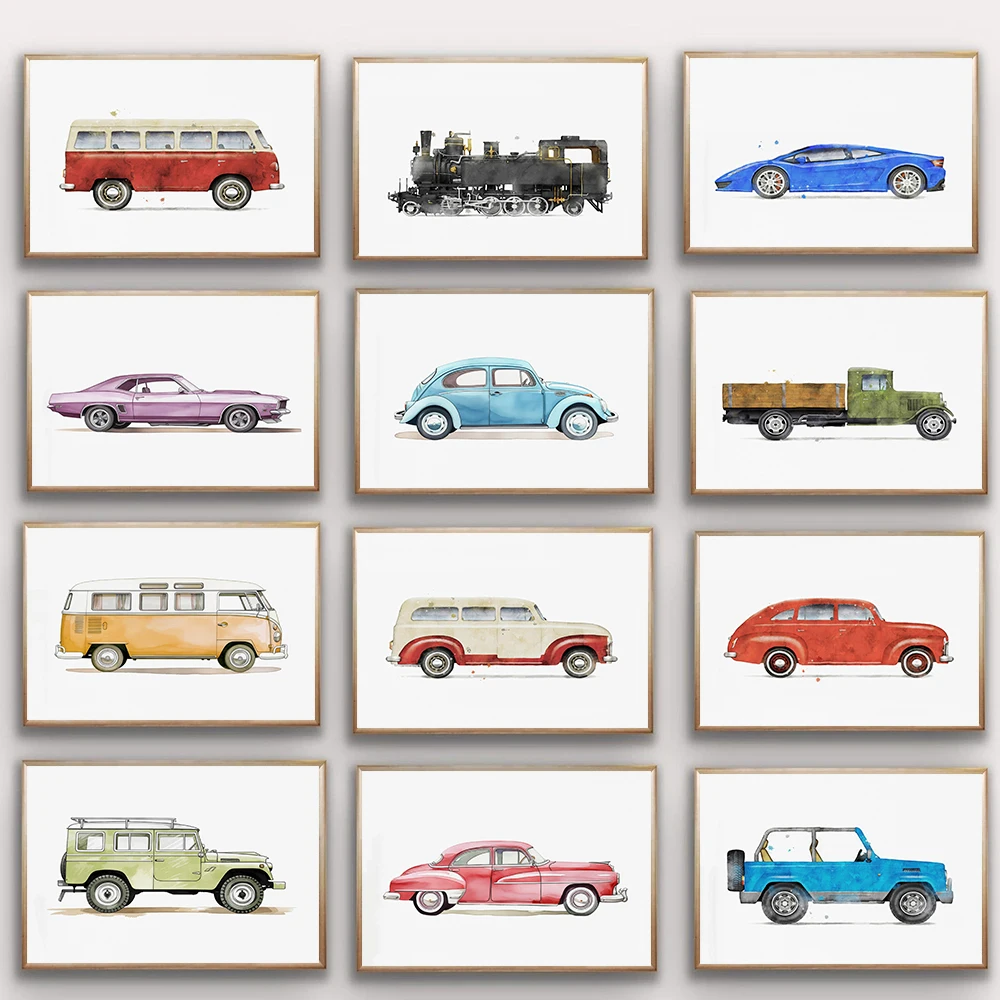 Pósteres con ilustración de acuarela de dibujos animados para camioneta de autobús y coche Vintage, impresiones en lienzo, pintura artística de pared, imagen para decoración del hogar y la sala de estar