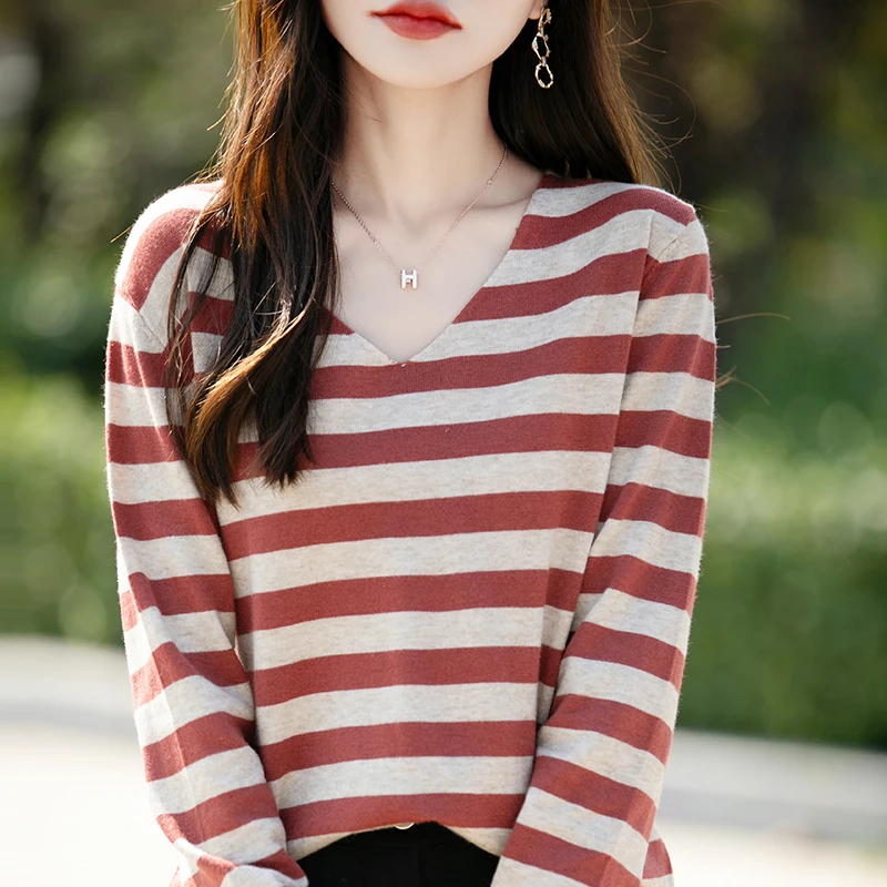 

Women Sweater Autumn Winter Long Sleeve V-neck Stripe Pullovers Knit Bottoming Shirt Cotton Loose Fashion Korean Sweater Jumpers