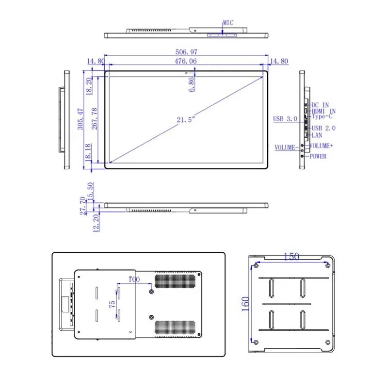 Thin Edge Android 13 Tablet 21,5 Zoll Wandmontage Touchscreen 1920 * 1080 IPS HDMI-Eingangsanzeige POE 8MP Kamera Digital Signage