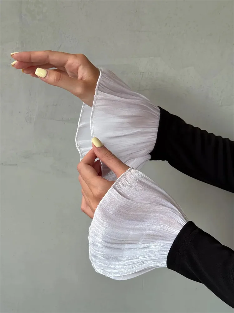 Tossy 러플 스프링 터틀넥 풀오버 티셔츠 여성 긴팔 패치워크 캐주얼 출퇴근 하이웨이스트 티 탑 여성 의류