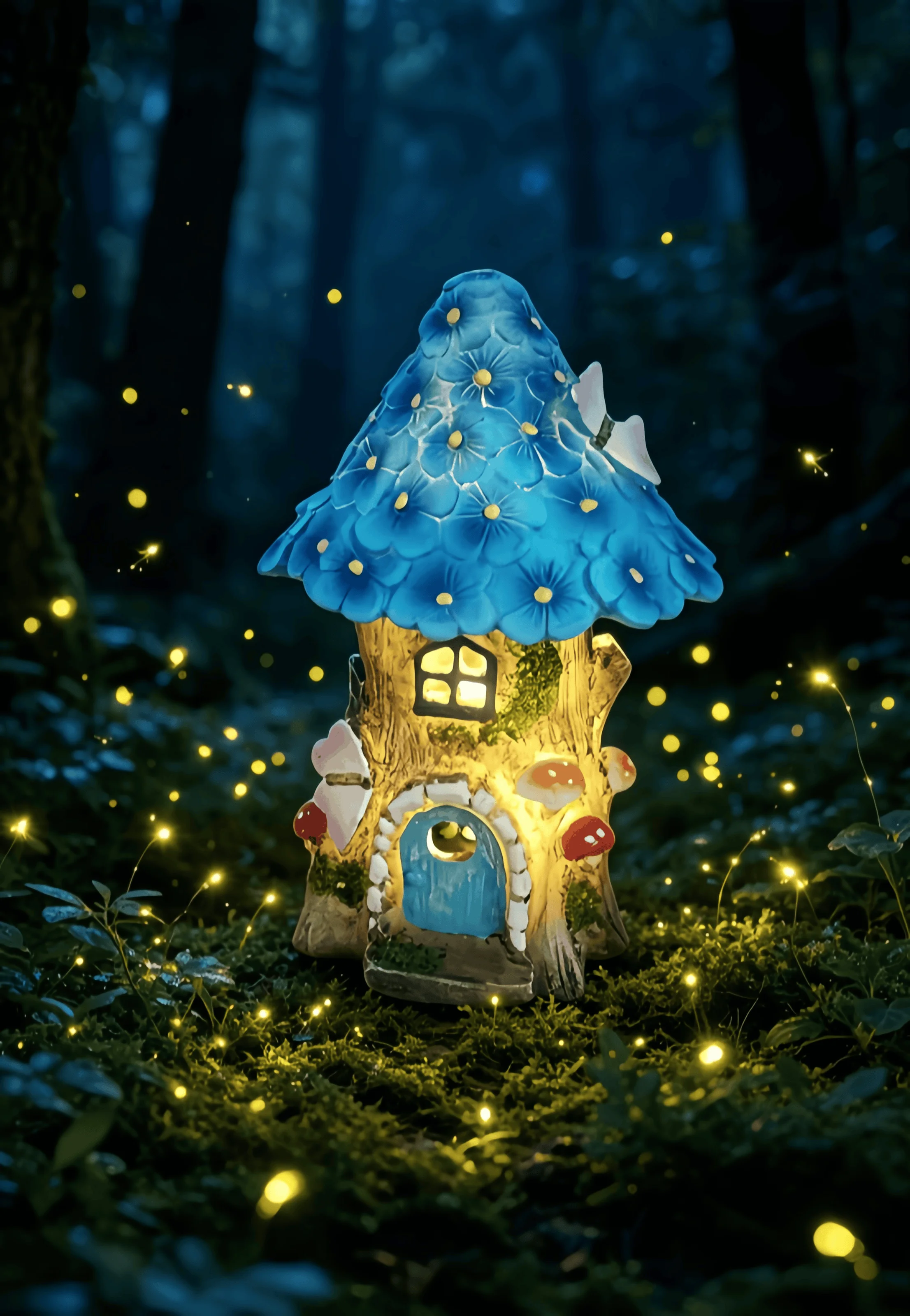 

Resin Fairy Treehouse Solar Garden Light Waterproof Outdoor Blue Mushroom House Decor with Warm LED for Patio Courtyard Lawn