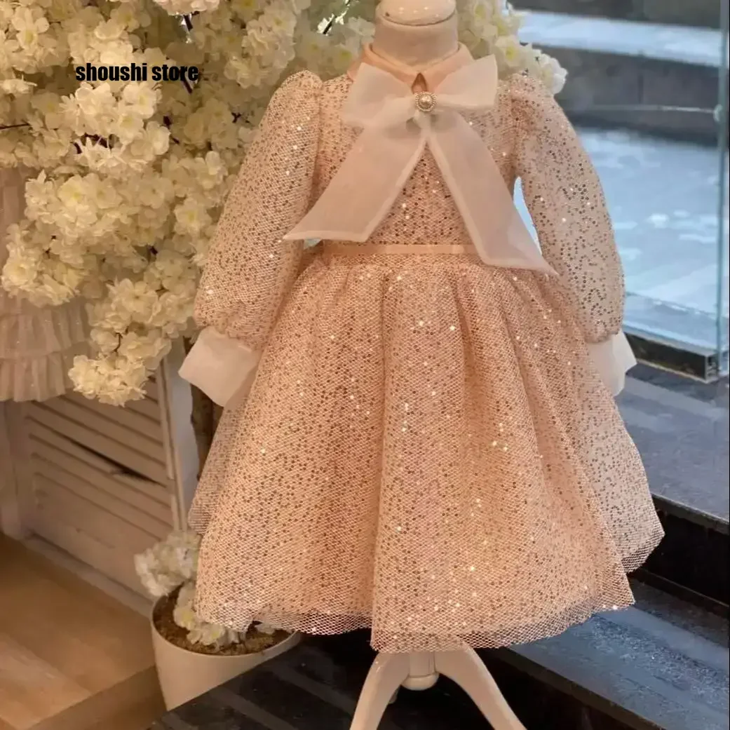 

Платье цвета шампанского с блестками для девочек, индивидуальное платье с высоким воротом и длинными рукавами для маленьких девочек на день рождения, праздничное платье принцессы