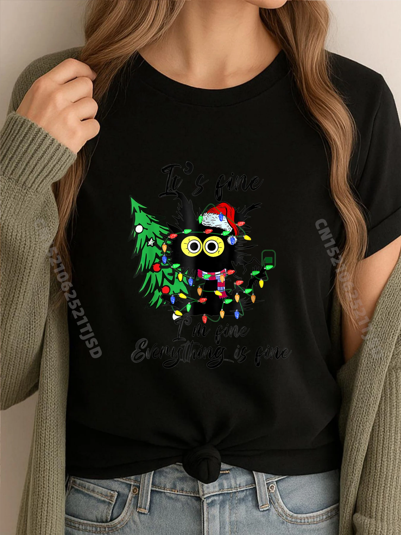 

Christmas Black Cat It Fine I M Fine Everything Is Fine Woman Clothes Man Clothes Tee Shirt for Woman Halloween