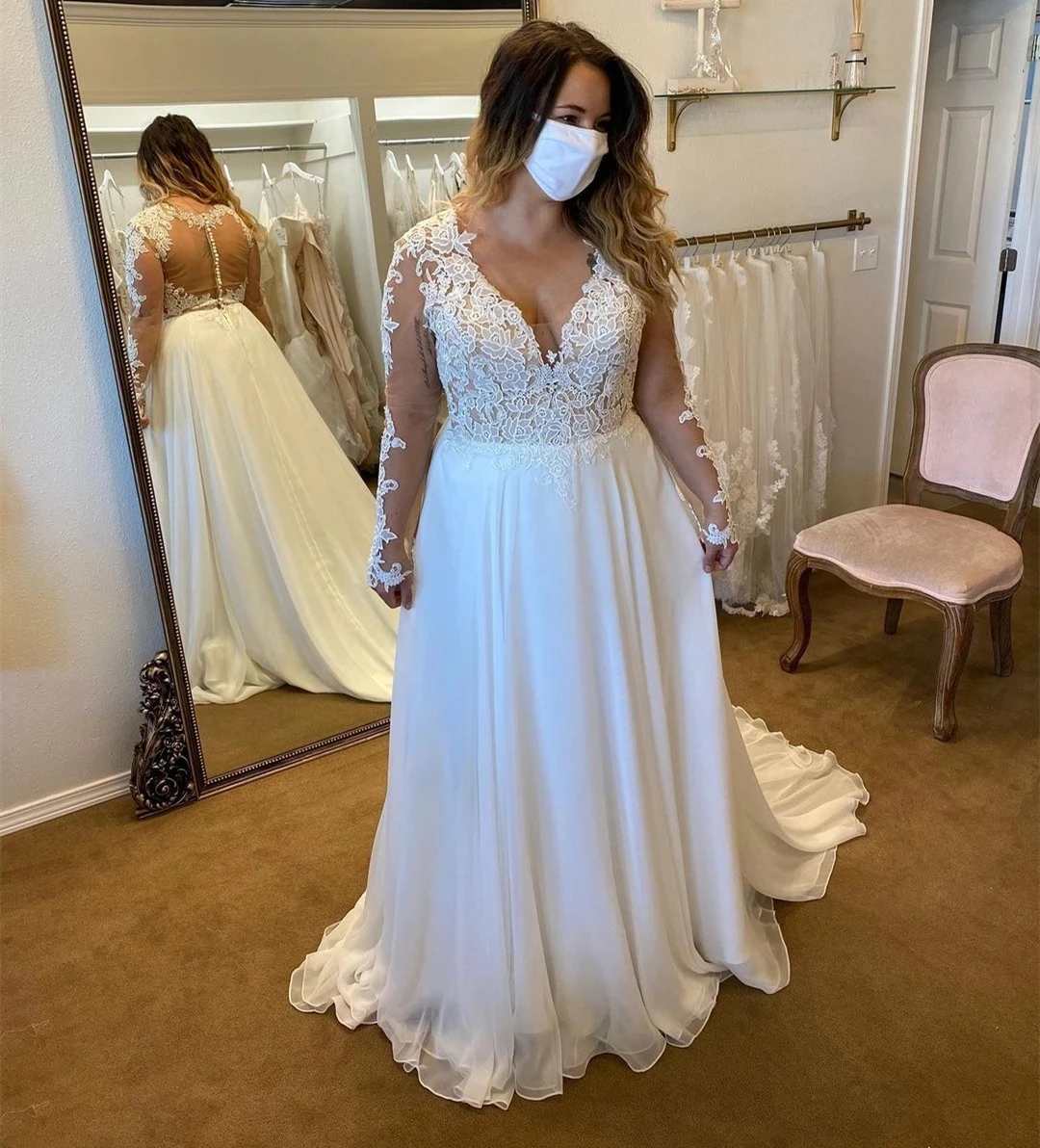 Abiti da sposa eleganti taglie forti maniche lunghe scollo A V Appliques di pizzo increspature Chiffon una linea abiti da sposa su misura Boho Beach