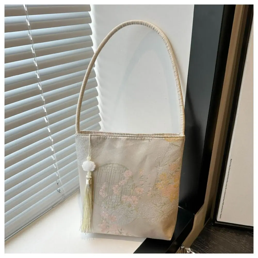 

Креативная сумка-ведро с цветочным принтом и вышивкой, большая вместительная сумка через плечо в стиле Ханьфу, сумка-тоут, сумка-багет с цветочным узором для девочек