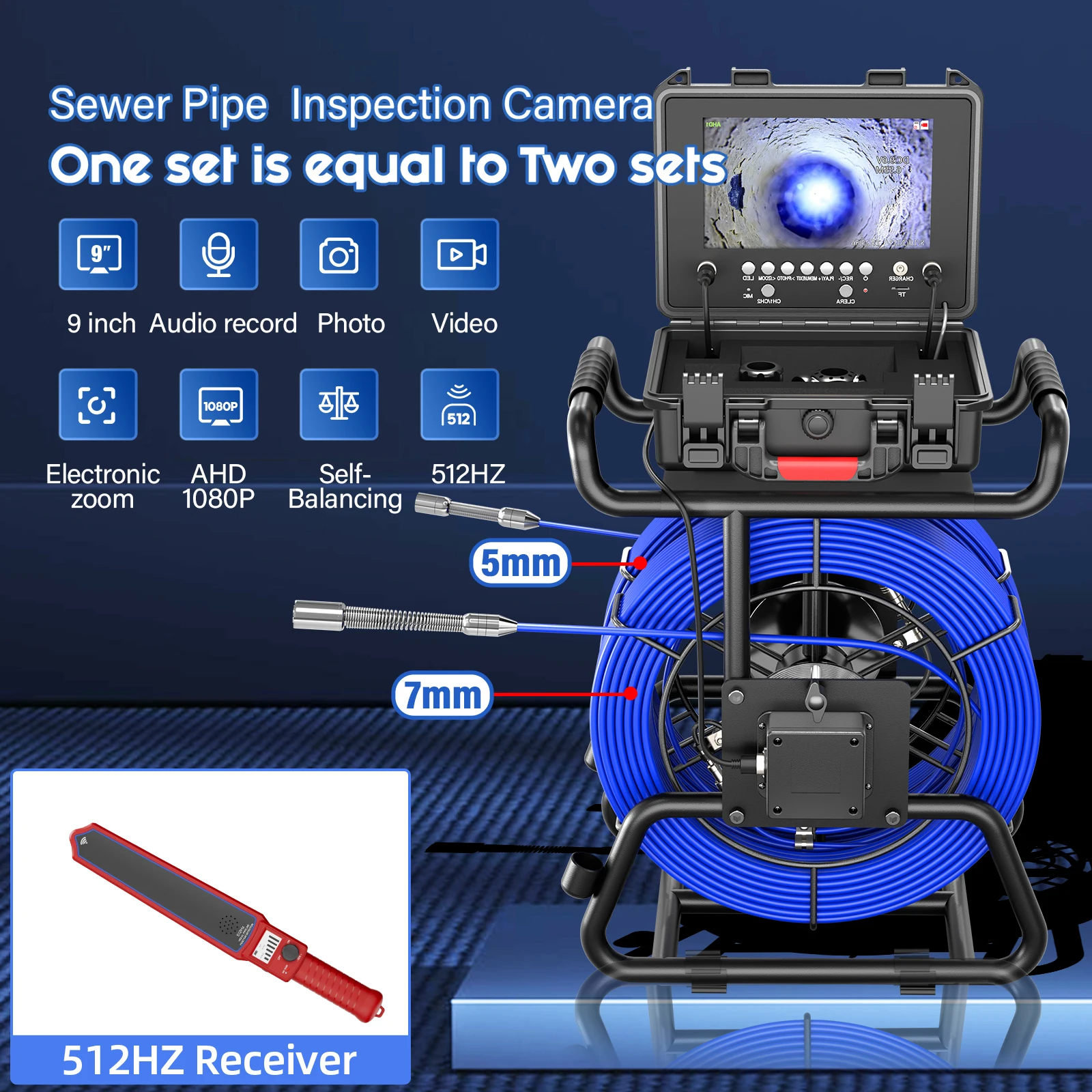 Self-leveling Sewer Pipe Inspection Camera 9“ IPS +Dual-Lens 1080P Sewer Camera +Meter Counter+5/7MM Fiberglass Cable+512HZ