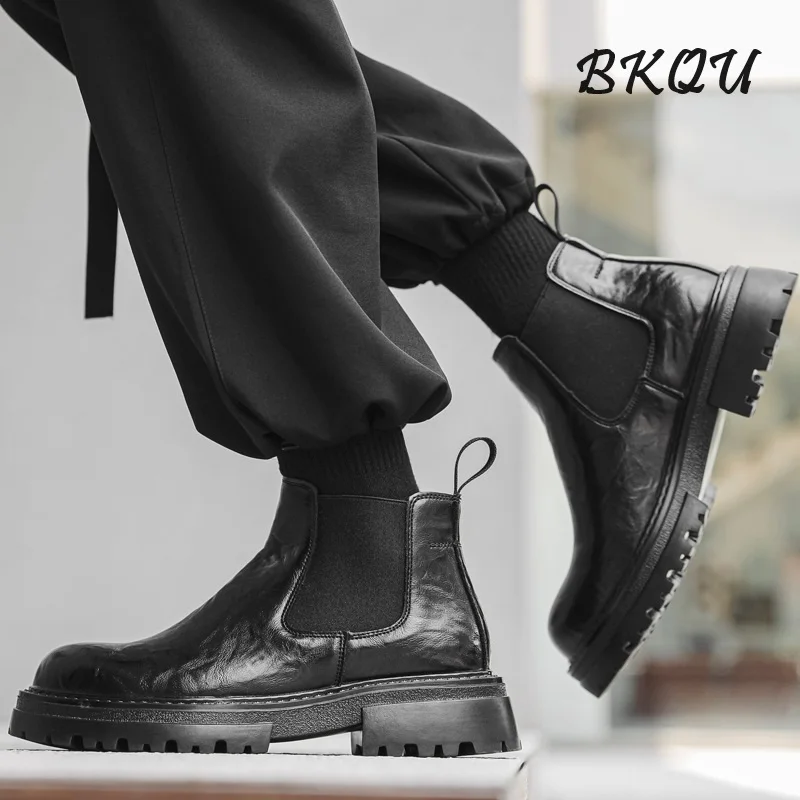 

BKQU Men's Basic Ankle Boots 2024 Autumn New Trend Low-top Middle-help Chelsea Boots British Style Fashion Shoes with A Slip-off