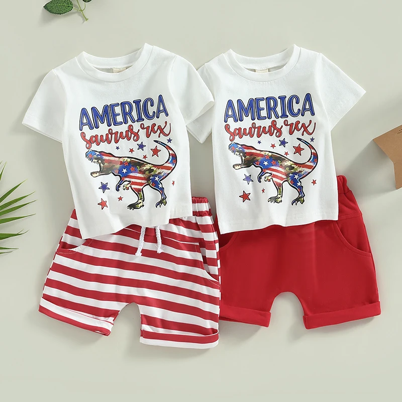 2023-03-25 Lioraitiin 0-3Years Baby Boys 2Pcs Independence Set Short Sleeve Letters Dinosaur Print T-shirt Solid/Striped Shorts