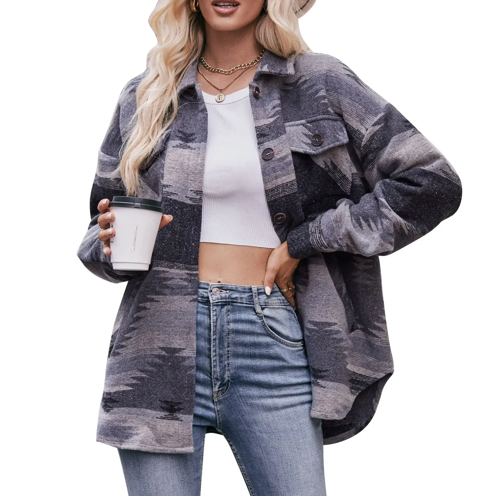 

2025 Women Autumn Winter Woolen Coat Female Geometric Shirt Lapel Jacket Women 2 Pocket Casual Loose Single-breasted Outwears