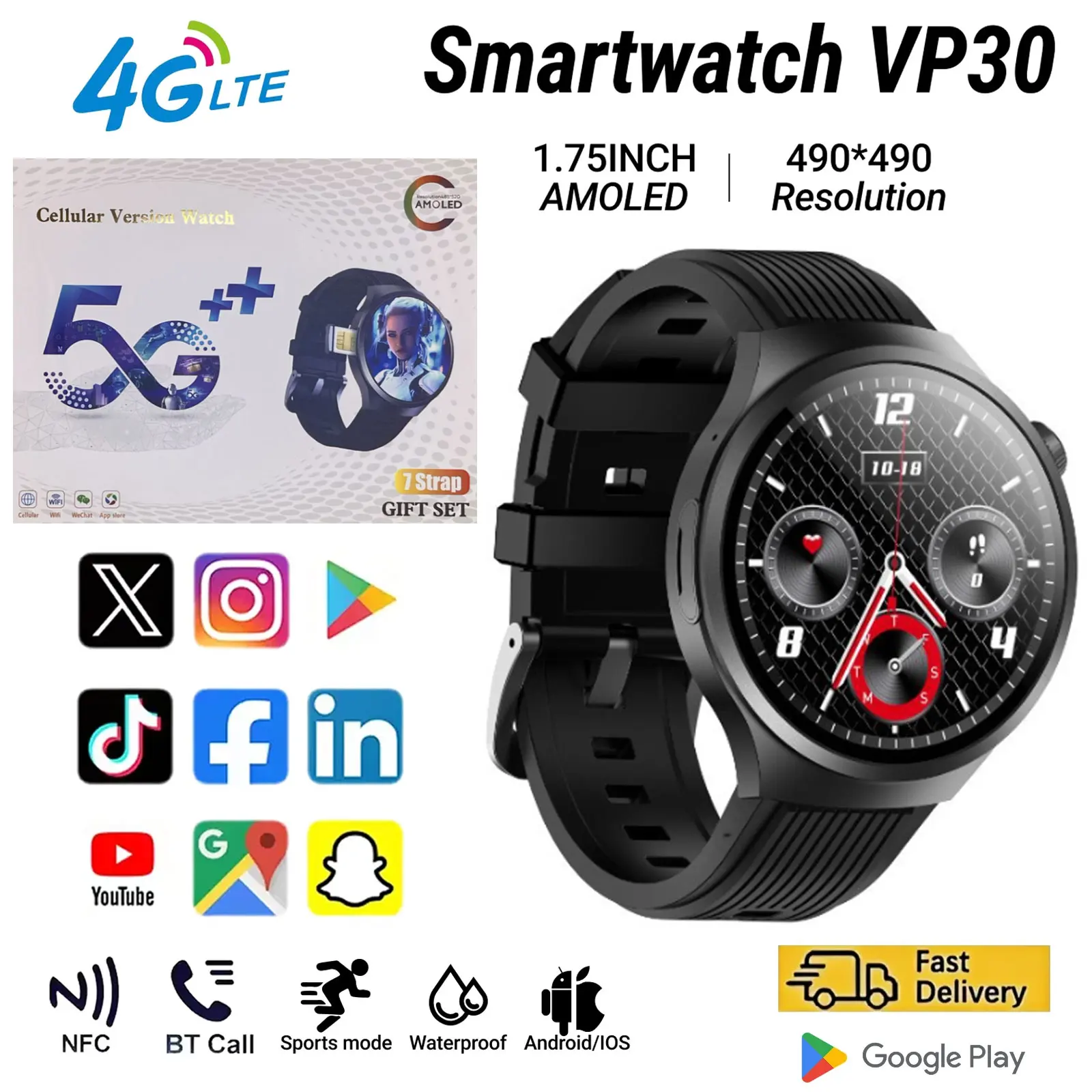 

2025 VP30 5G Smartwatch with 128GB Storage, AMOLED Screen, Dual-SIM Support & 1100mAh Battery ﻿