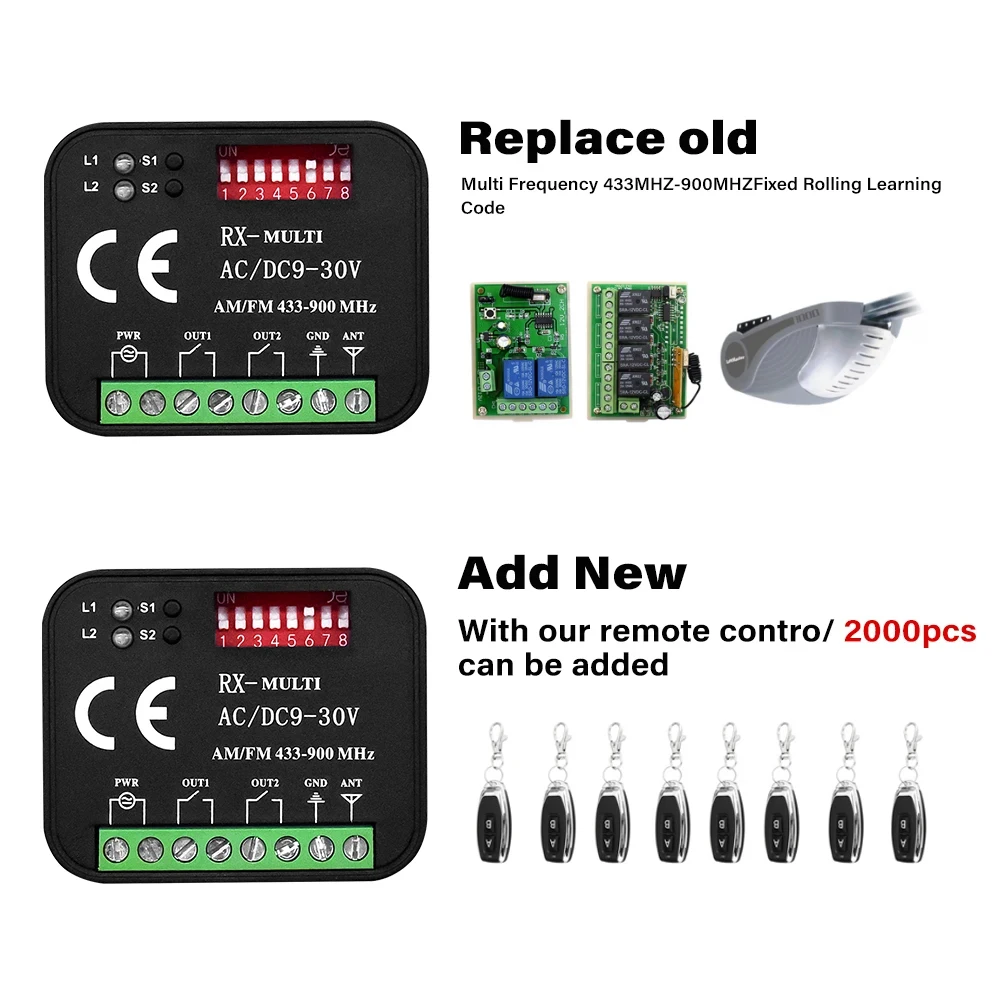 RX MULTI 433 a 900 Mhz Gate Garage Door Receiver Module AC DC 9-30V 85-250V Controller Fixed Rolling Code 433.92mhz Remote