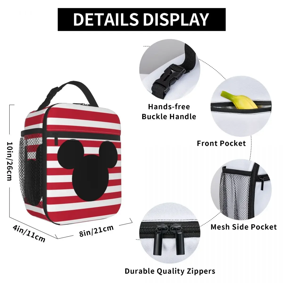 Mickey Head Silhouette Insulated Lunch Bag Leakproof Meal Container Thermal Bag Tote Lunch Box College Picnic Food Storage Bags