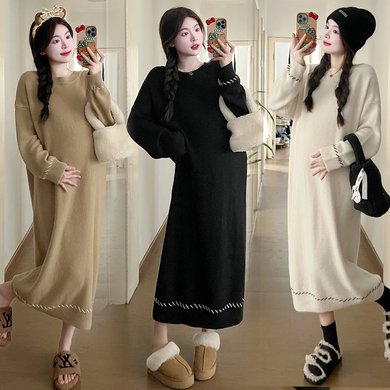 X68269# Pregnancy Dress Maxi Dress Plus Size Thicken Loose Women Korean Style Sweater Soft Knitted Women Pregnant Dresses