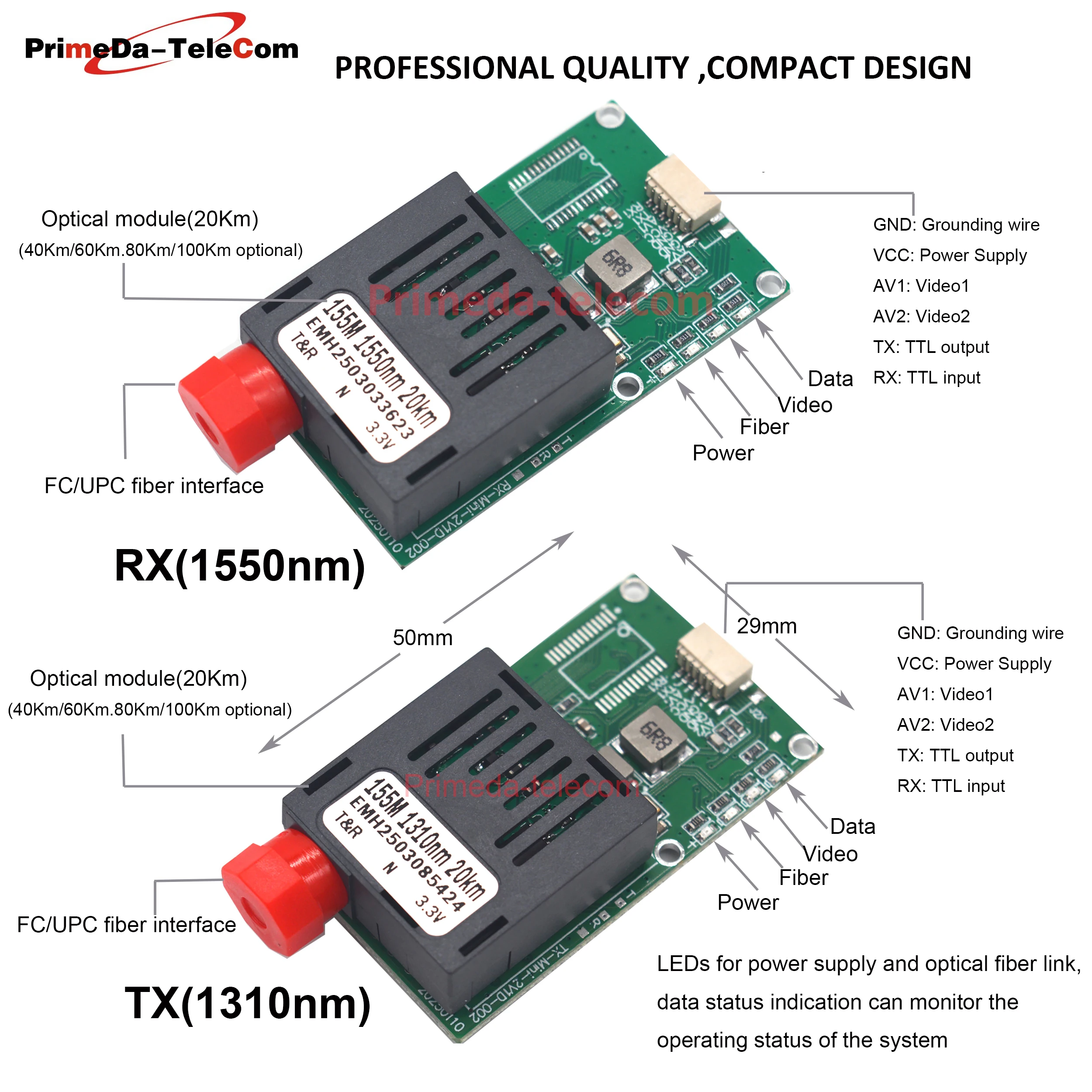 High Quality FPV Optical Modules 1 CVBS Analog Video 1 TTL UART SBUS over Fiber Optic Extender TX 1310nm/RX 1550nm For Drone