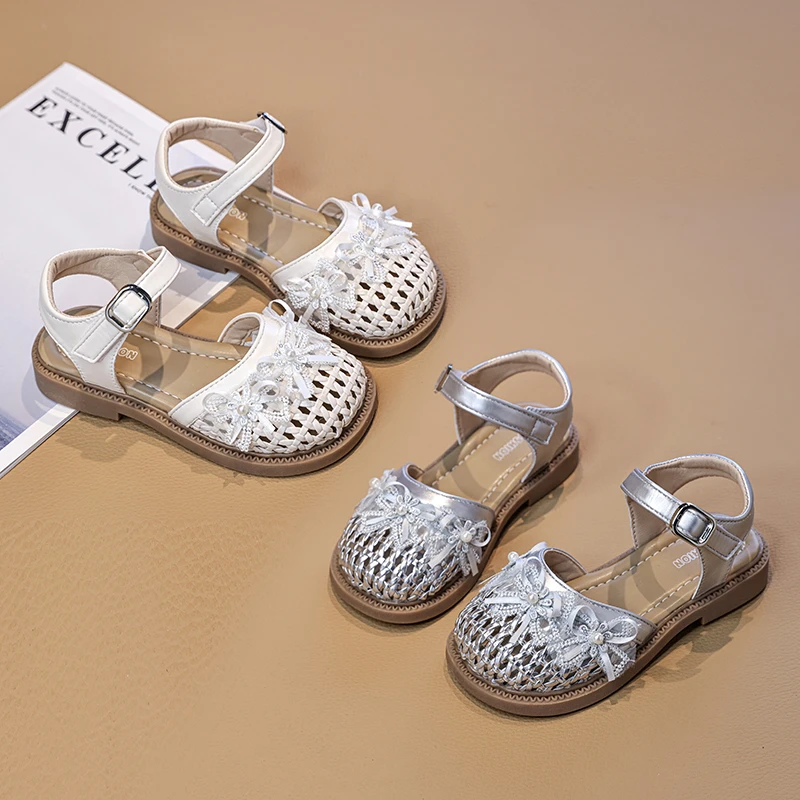 Kids Summer Closed Toe Sandals New Sweet Bow Girls Princess Mary Jane Flats Woven Breathable School Children Hollow-out Sandals