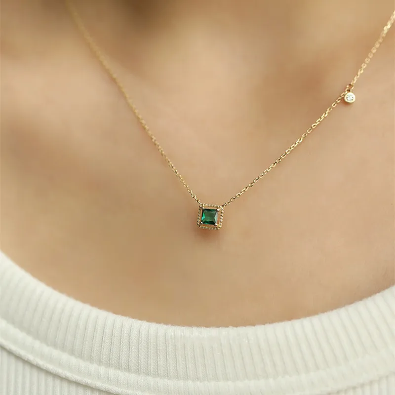 Real 925 Sterling Silver Emerald Square Zircon Pendant Necklaces for Women Minimalist OL Fine Jewelry Light Luxury Accessories