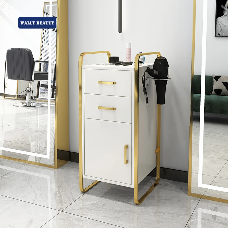 Wallybeauty-carrito de salón de madera blanco, carrito de madera de salón de acero inoxidable dorado y metálico con ruedas
