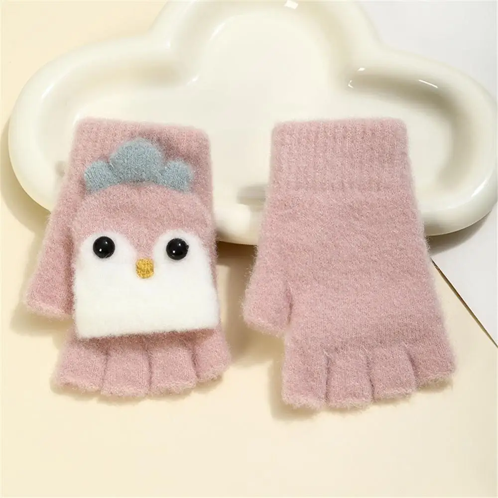 Cartoon Thick Plush Kids Winter Gloves Half Finger Flip Cover Soft Mink Fleece Student Mittens Warm Knit Gloves for Boys Girls