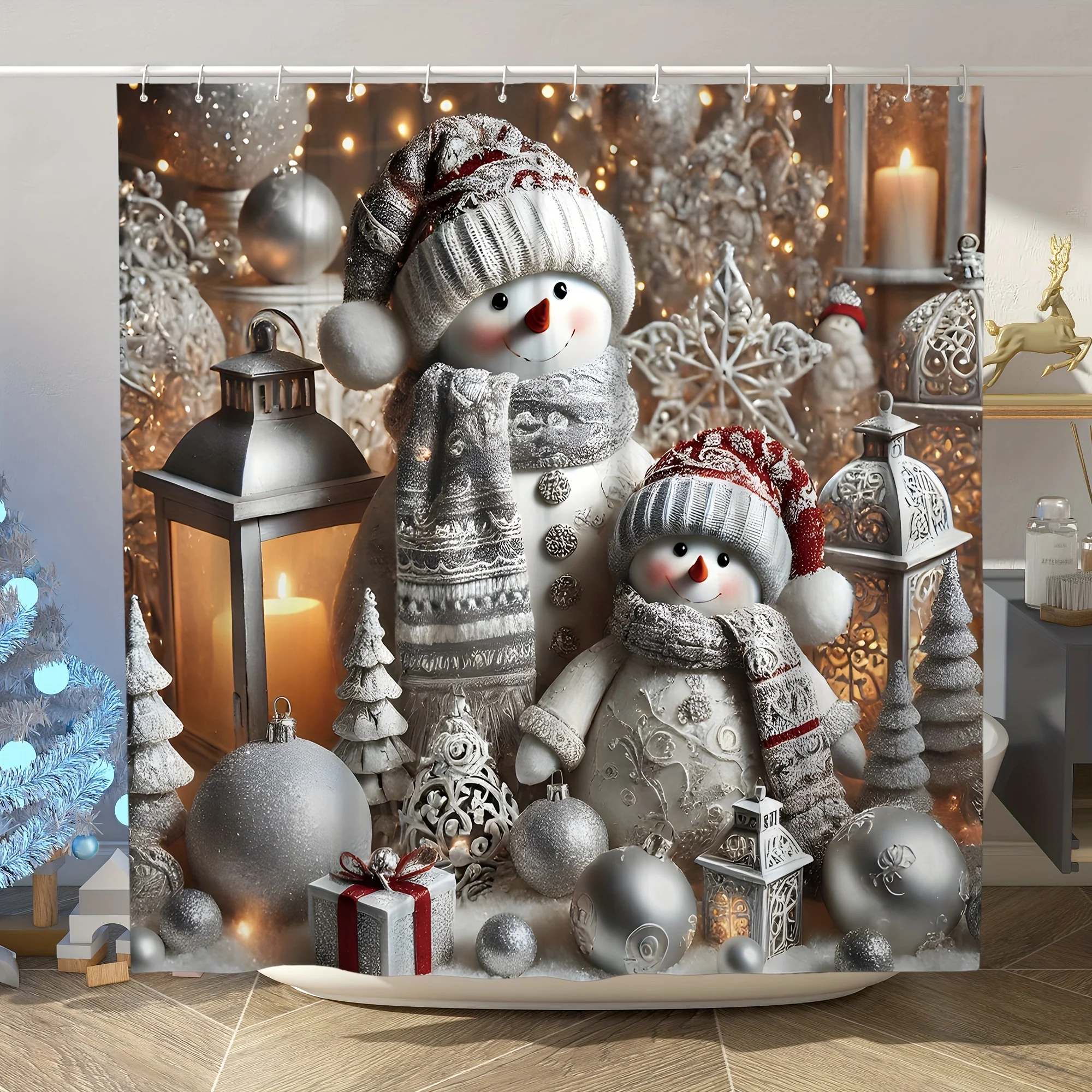 4Pcs Xmas Winter Snowman Bath Set, Red White Shower Curtain & Mat, 12 Hooks, Non-Slip Bath Mat, U-Shaped Toilet Cover