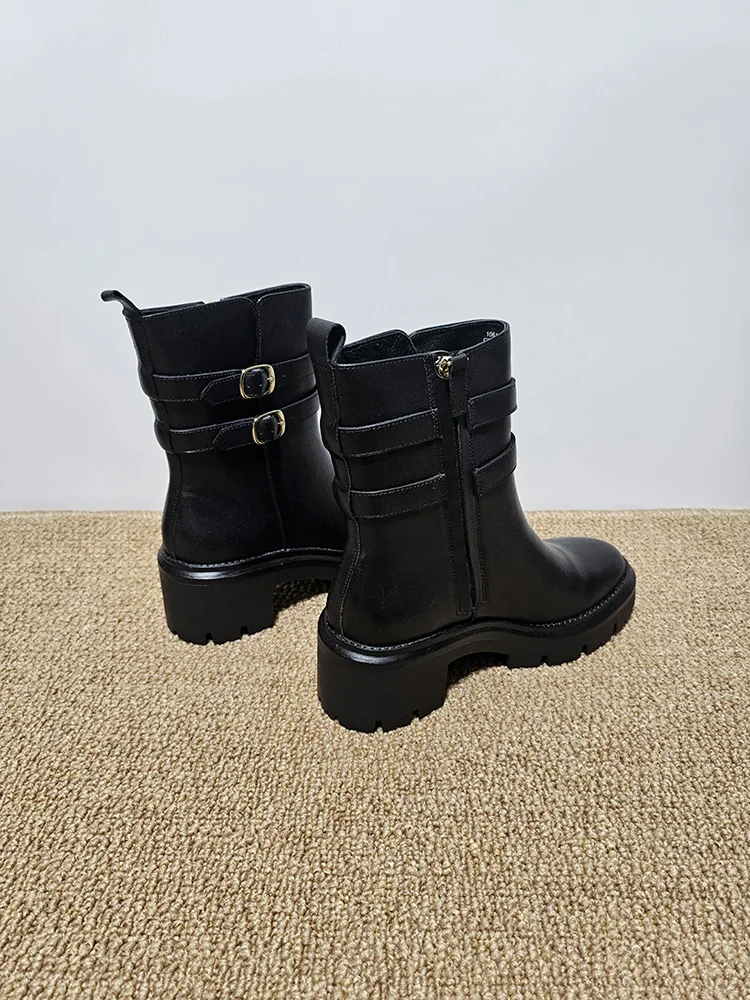 2024 New Fashion Chunky High Heels Women\'s Boots Casual Party Woman Shoes Black Boots Winter Zipper Leather Short Boots