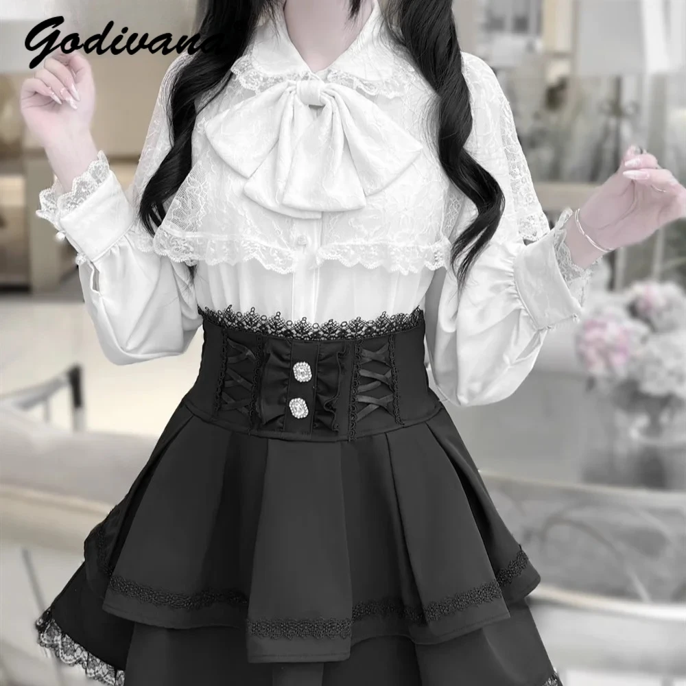 

Japanese Mine Mass-produced Lace Spliced Long-sleeved Bow Lolita Cloak Shirt Top High Waist Short Skirt 2 Piece Womens Skirt Set