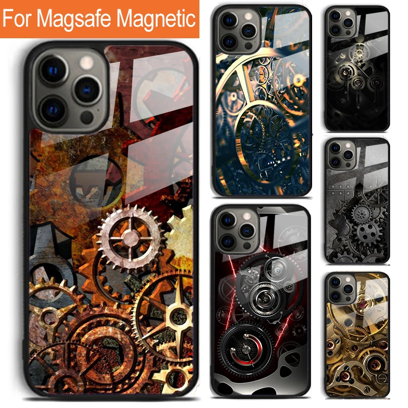 Steampunk Gear Mechanical Phone Case For iPhone 16 15 14 13 12 11 Pro Max Plus Magsafe Magnetic Wireless Charging Cover