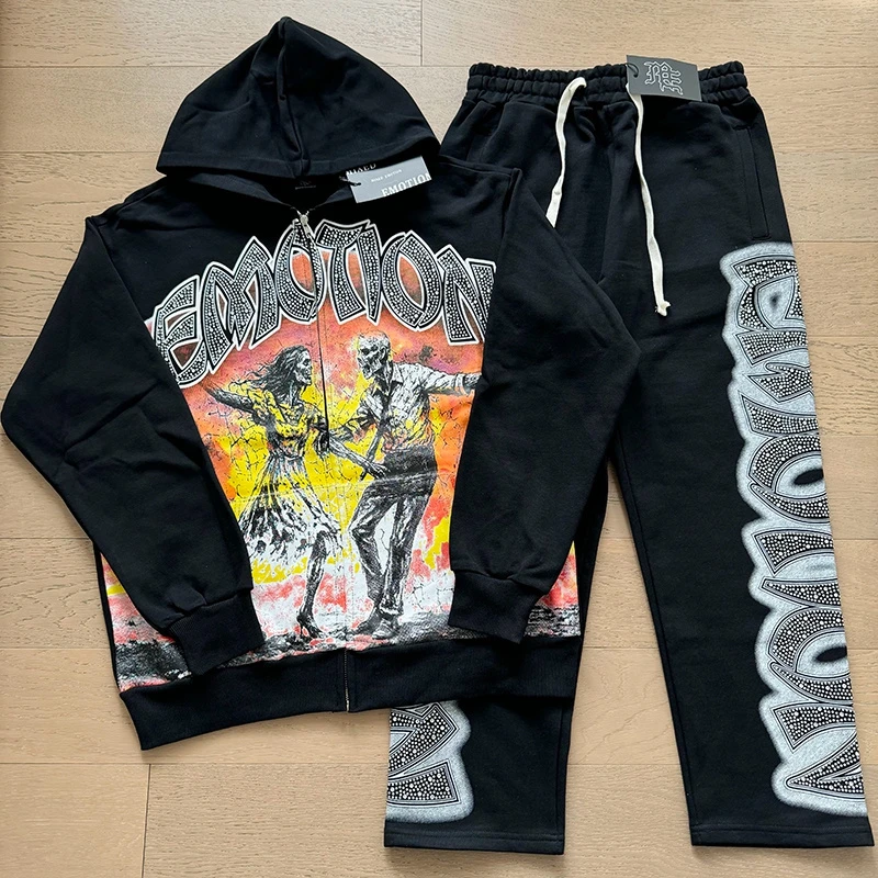 

Mixed Emotion Skull Letter Rhinestone Open Cardigan Hoodie Loose Set Autumn Casual Sportswear Long Sve Long Pants Youth