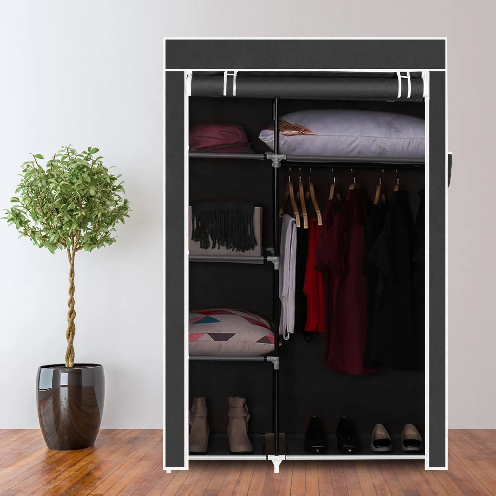 

64" Portable Closet Storage Organizer Wardrobe Clothes Rack With Shelves Black Bedroom Furniture