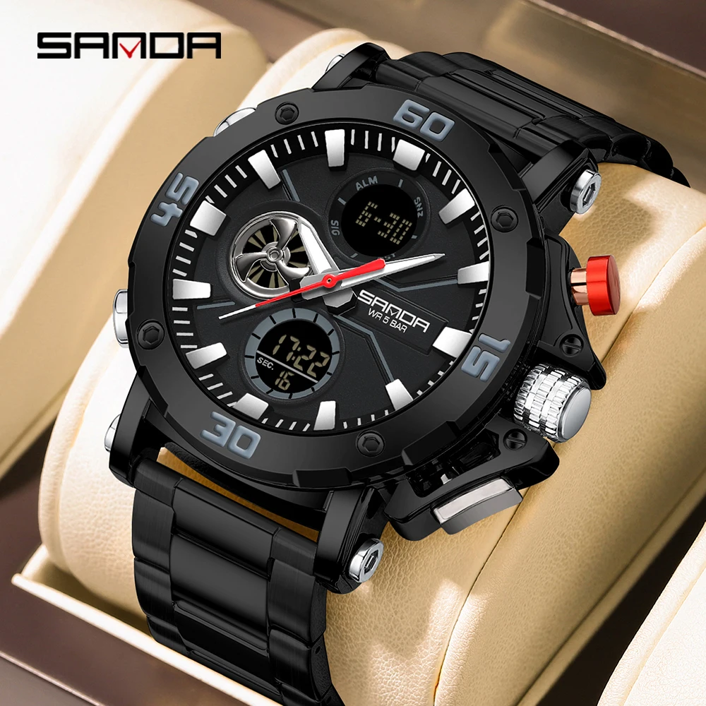 SANDA 3350 Luxury Men's Electronic Watch Outdoor Sports Multi functional Waterproof LED Dual Display Men's Electronic Watch