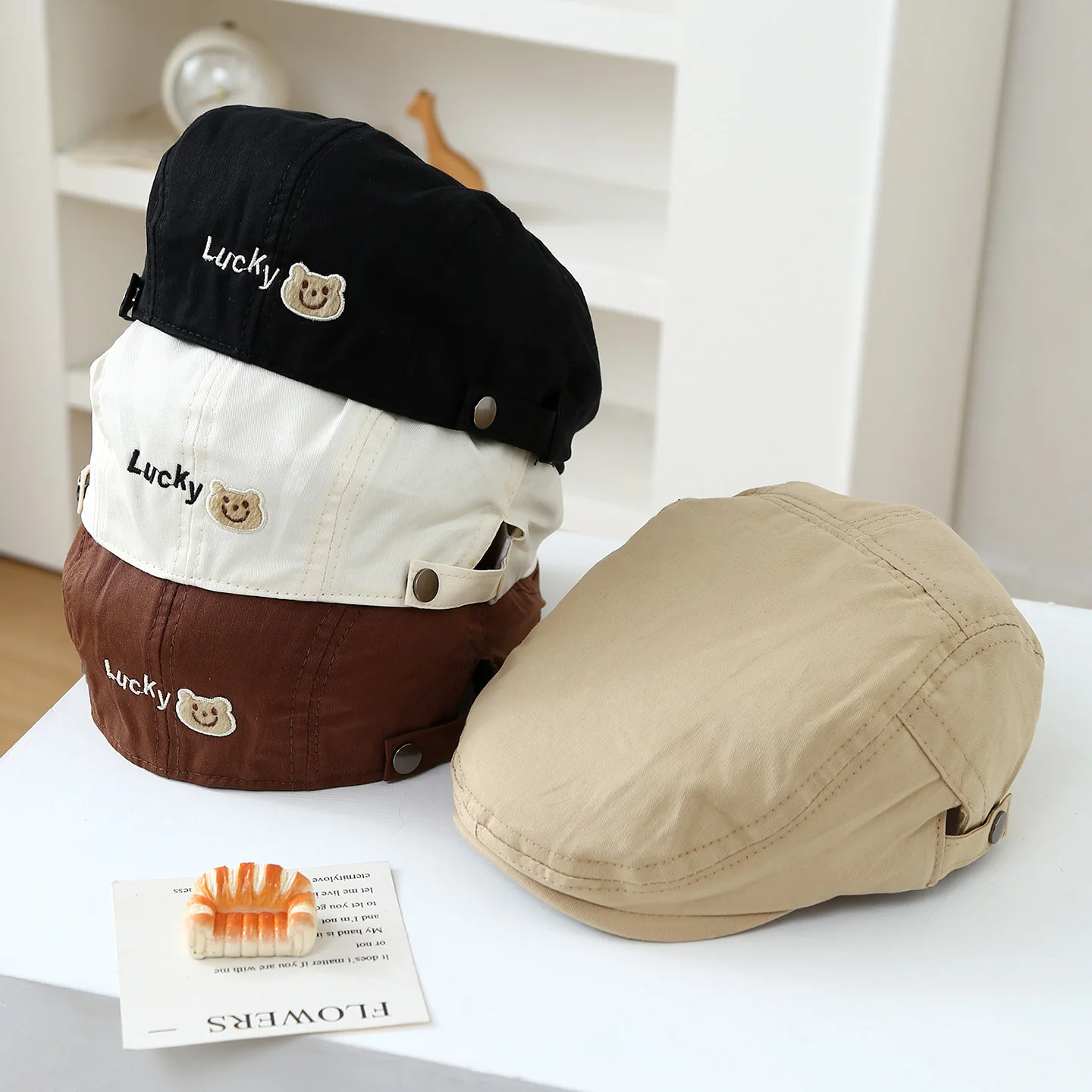 

Children's embroidered Lucky bear forward hat with adjustable double buckles. Simple and trendy style for outdoor activities.