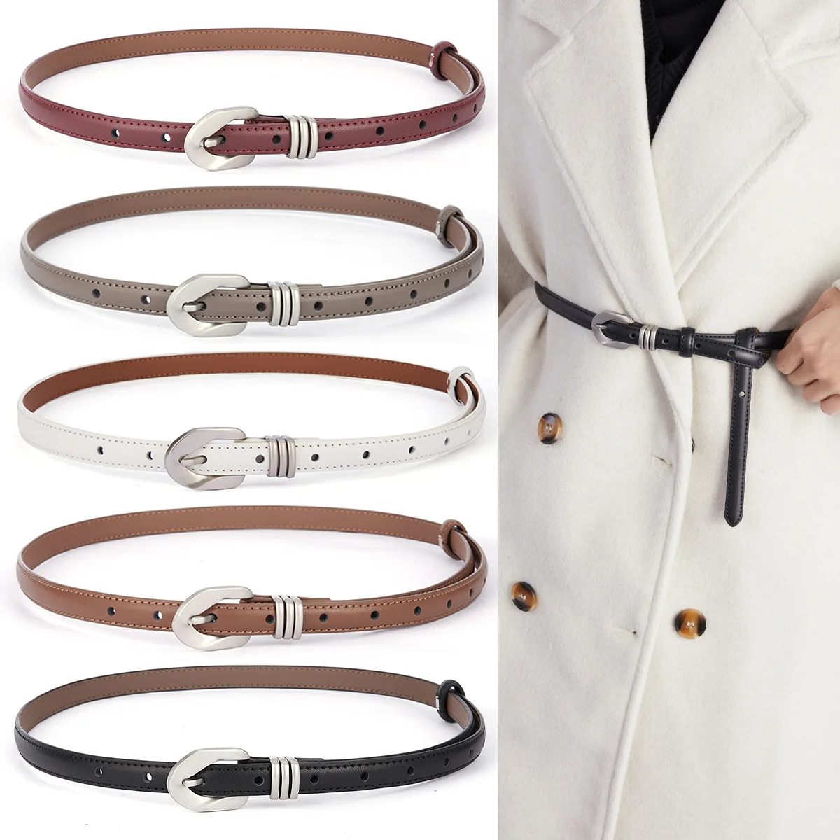 

1.8CM New Women's Casual Leather Waistband Silver Buckle Thin Belt Decorated Cowhide Slim Belts Paired with Dress Casual Pants