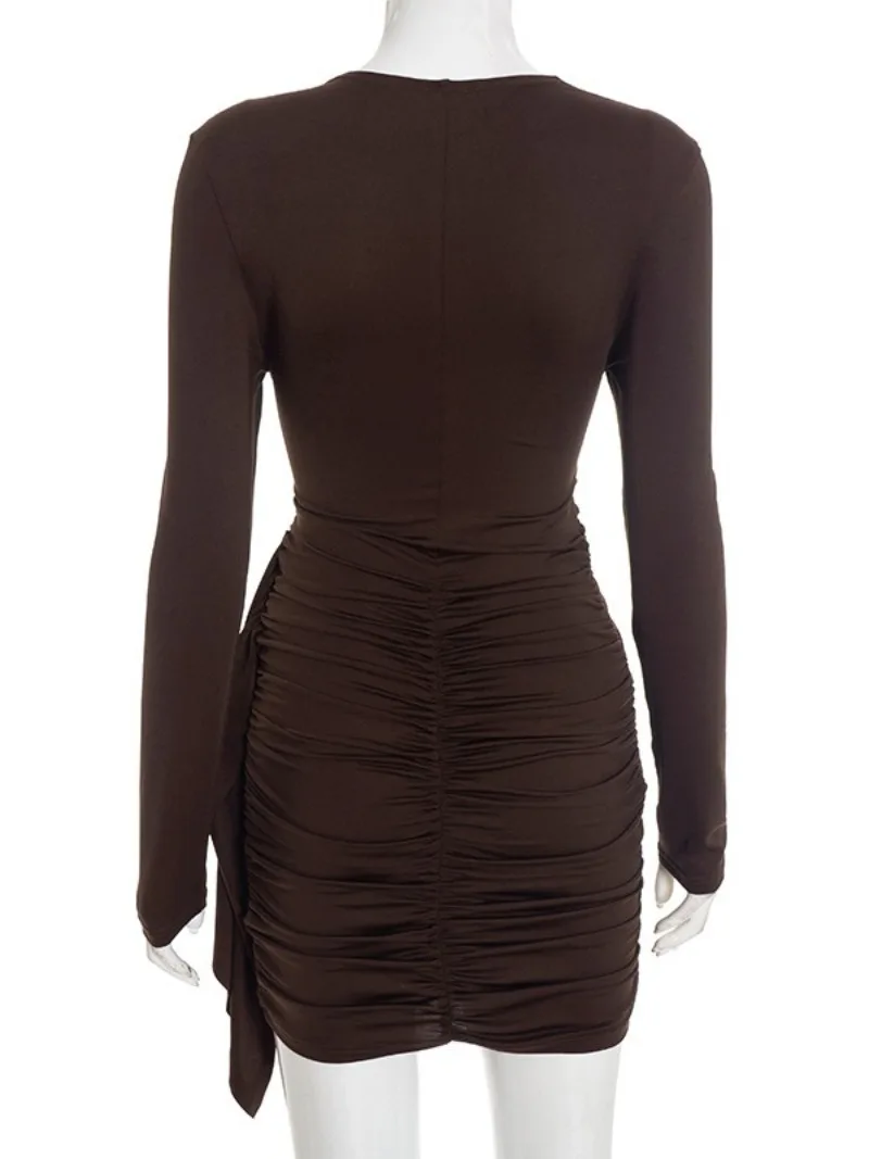 أزياء مثير س الرقبة طويلة الأكمام ضمادة الصلبة فستان قصير الشارع الشهير المرأة أنيقة عالية الخصر الستر Ruched فساتين نادي الحفلات