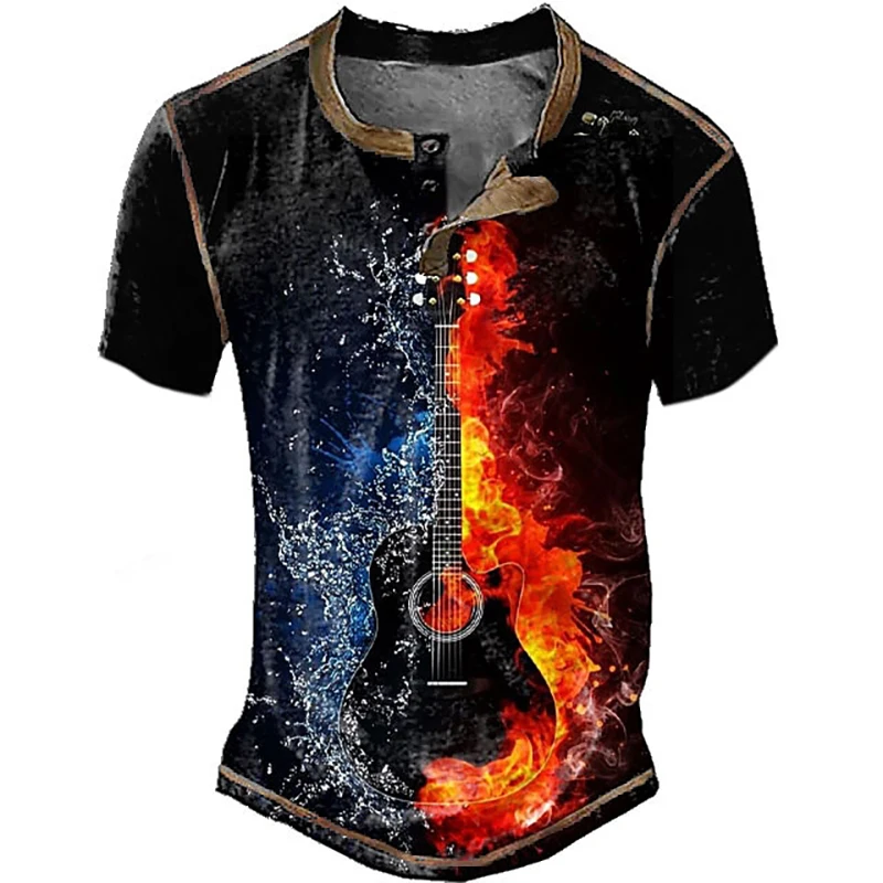 Guitar Graphic 3D Printed Vintage Henley Shirts Men\'s Fashion Streetwear Button-Down Short Sleeve T Shirt Man Tees Tops Clothing