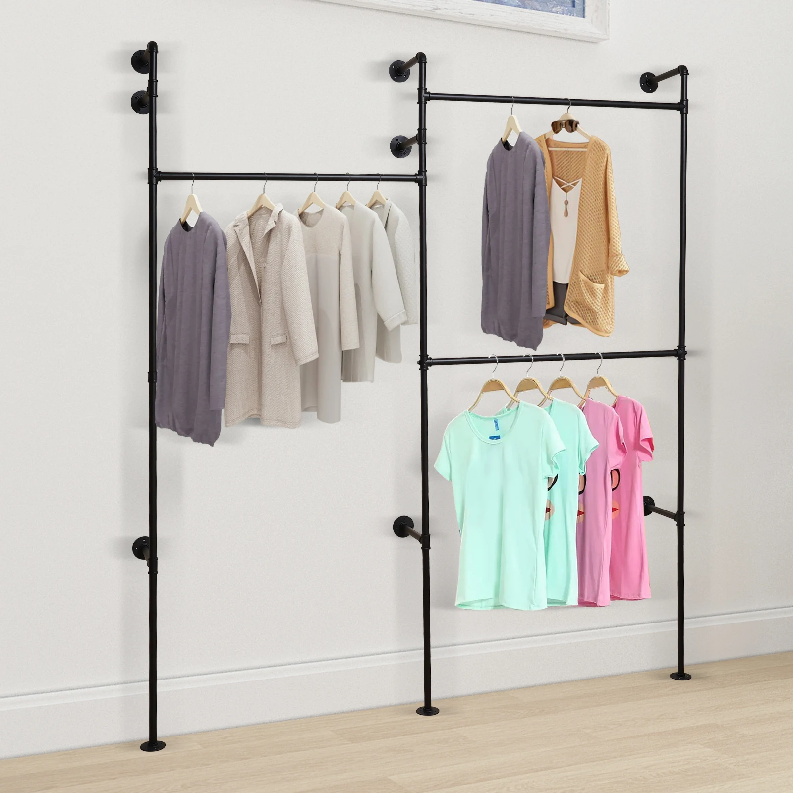 

Wall Mounted Clothes Rack Pipe Coat Bag Hanger 3 Rods Industrial Pipe Garment Shelf Commercial Clothing Stand Holder Organizer