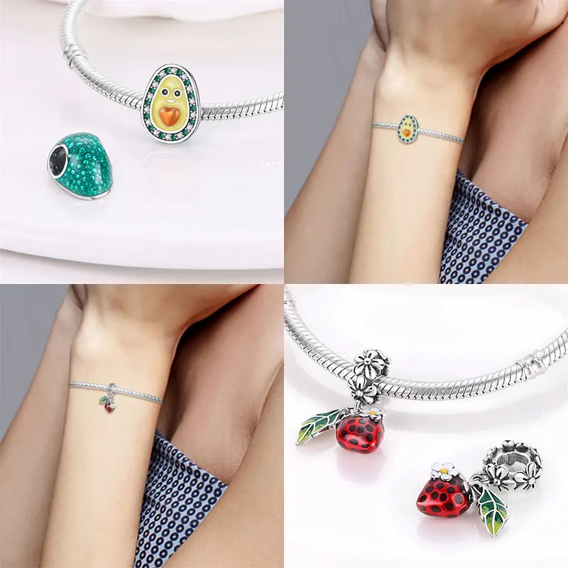 925 Silver Strawberry Pineapple Cherry Avocado Charm Pendant Beads  Fit Charm Original Bracelet for Women Jewelry Making - view 5
